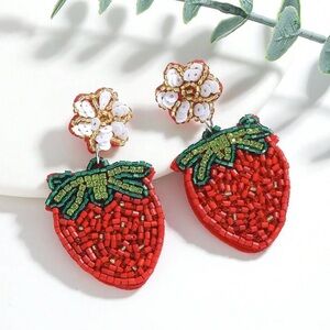 Strawberry Beaded Earrings - Red and Green